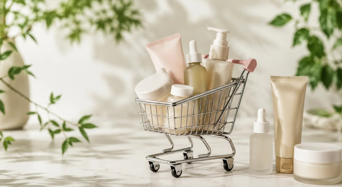 Korean skincare products in a miniature shopping cart
