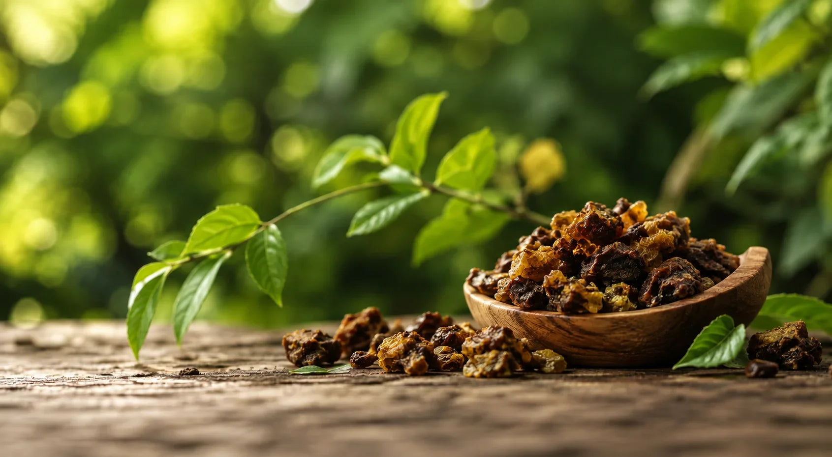 Raw bee propolis resin used as a skincare ingredient in a small wooden bowl, with green leaves background