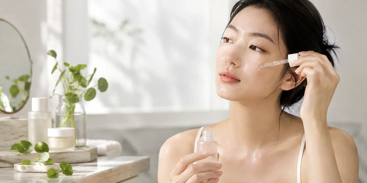 Woman applying Centella Asiatica serum in a bright bathroom