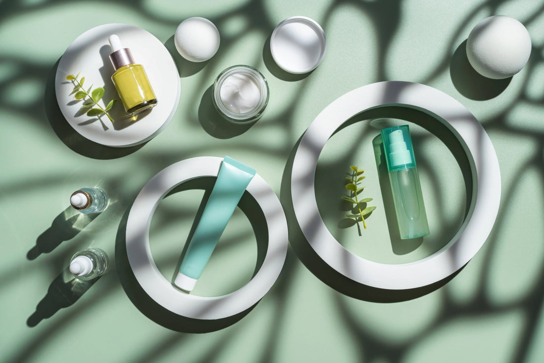 Centella asiatica skincare products with green leaves