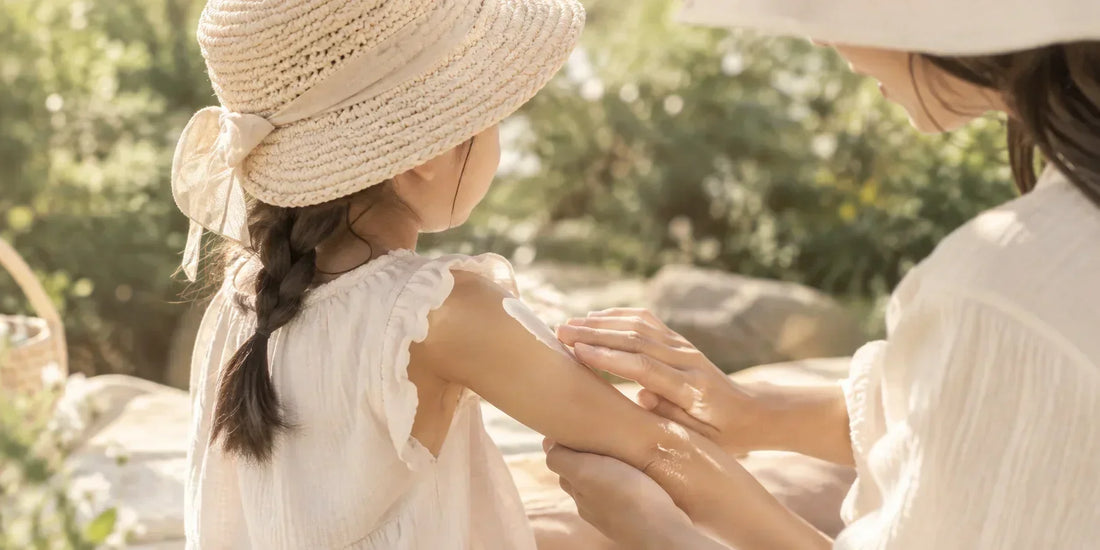 Child wearing a sun hat and receiving sunscreen outdoors