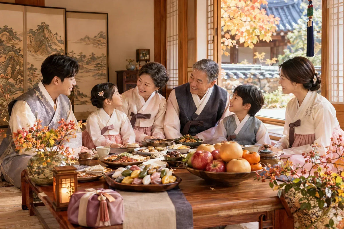 Korean family gathered around a traditional meal to celebrate Chuseok