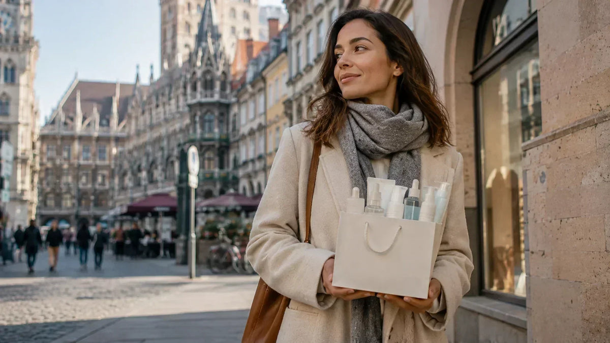 Woman shopping for Korean skincare in Germany