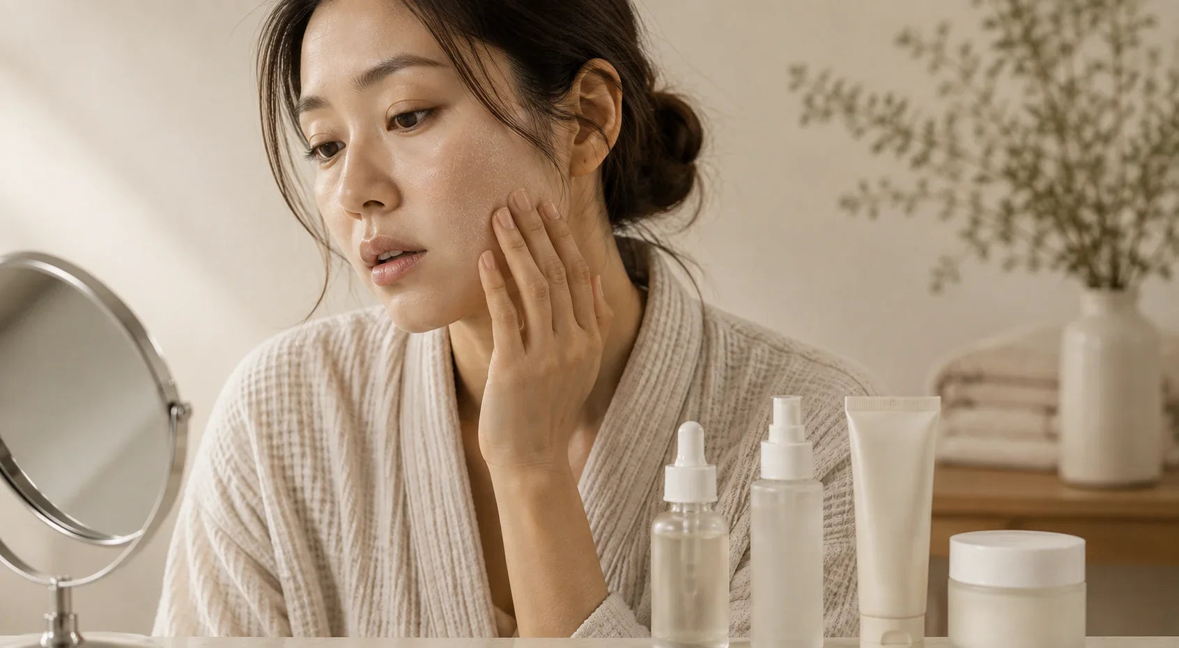 Woman with dry skin following a skincare routine