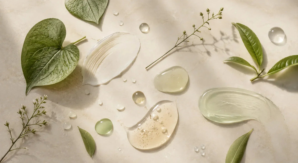 Clean Korean skincare ingredients and textures on a beige background