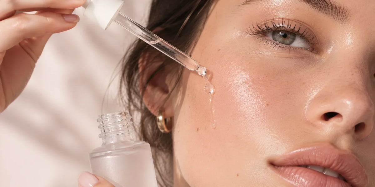 A woman applying a niacinamide serum to her radiant, natural skin