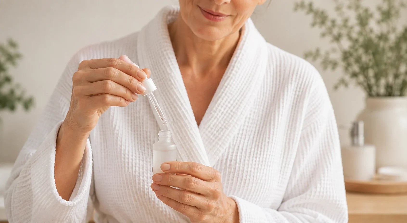Woman holding a peptide serum bottle against a cozy interior background