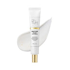 BOM Peptide Power Eye Cream in a white tube with a gold cap, shown with a white cream smear behind it on a white background
