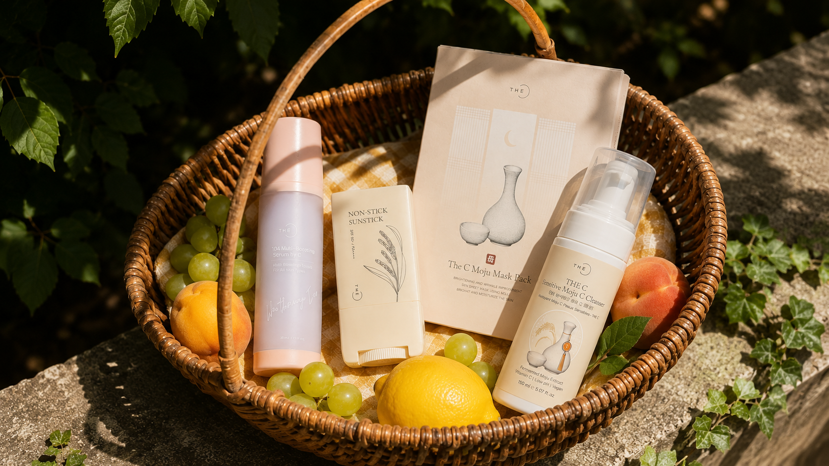 Basket with an anti-aging serum, a sunscreen stick, a face mask, and a cleanser from The C