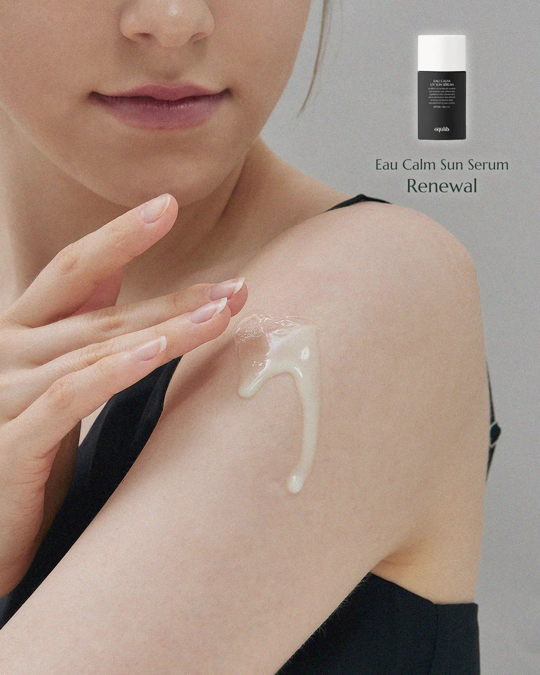 Woman applying Equlib Eau Calm UV Serum SPF50+ PA++++ to shoulder with an additional image of this sunscreen packaging in the corner