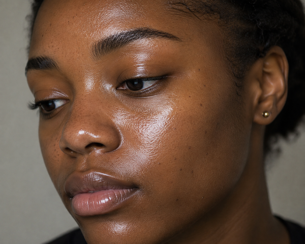 A close-up portrait of a woman with oily skin