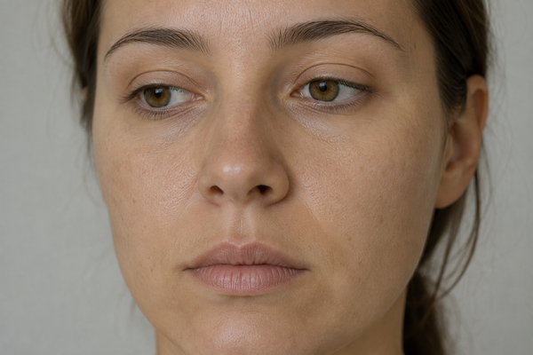 A close-up portrait of a woman's face with tired and dull skin 